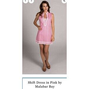 Malabar bay Women’s Pink Shift Dress With White Seahorses & Trim, Size M